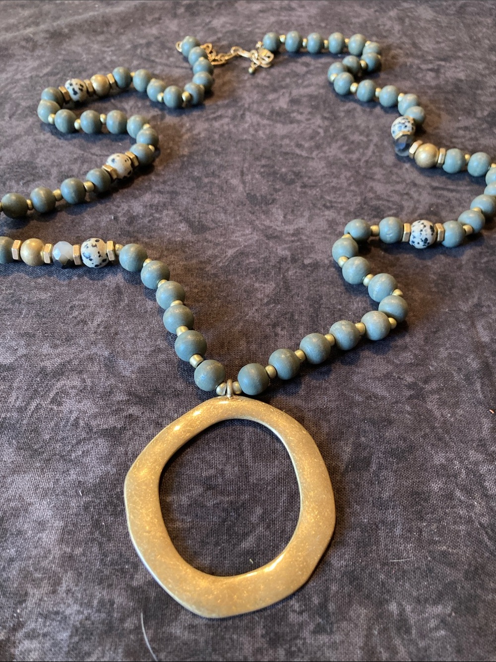 Blue Beaded Necklace with Golden Open Pendant